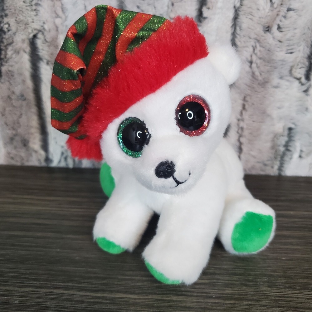 Ty Beanie Boos Paxton Polar Bear Plush, Striped Glitter Santa Hat Christmas Toy